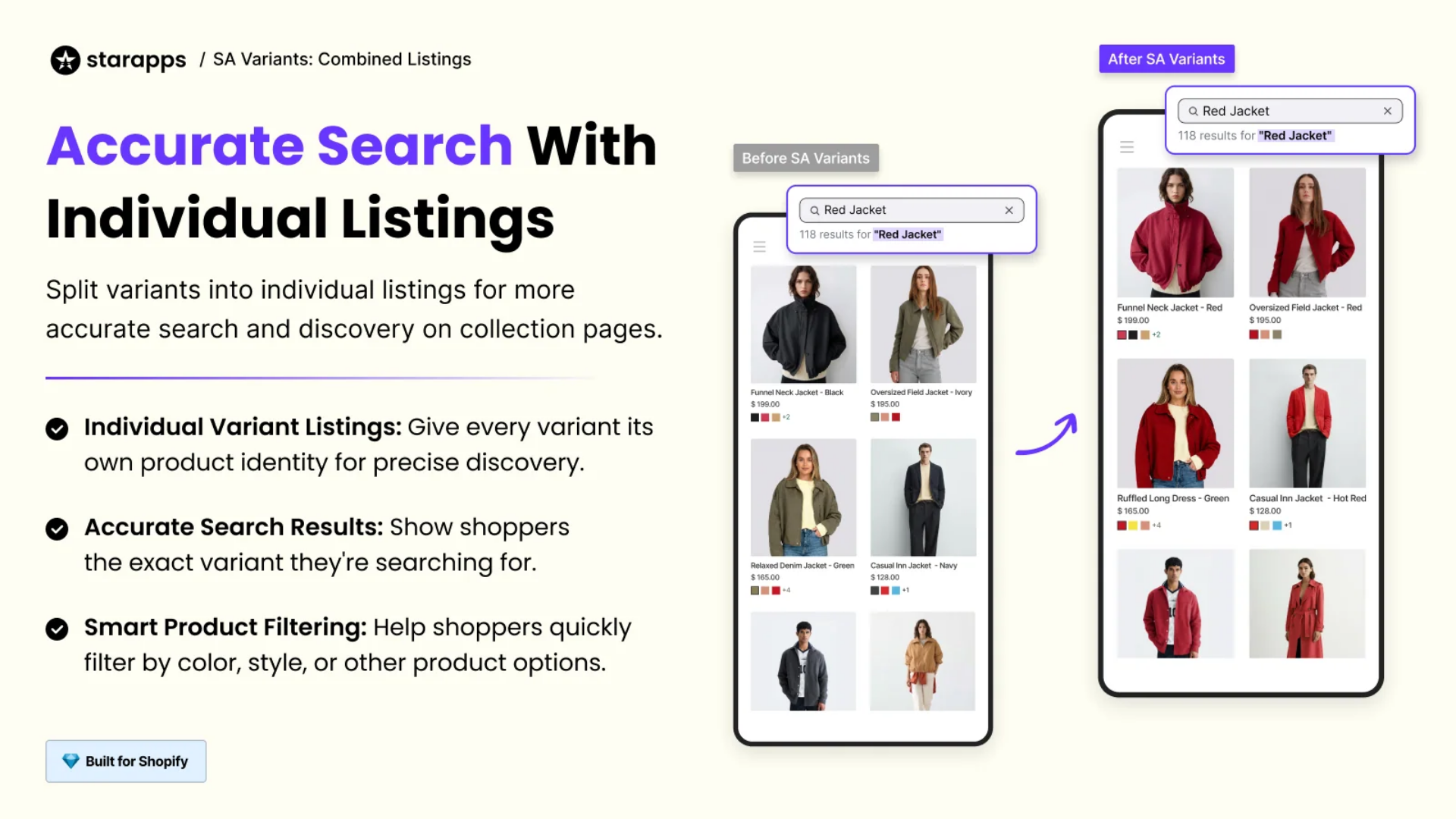starapps infographic featuring the starapps logo, headline Accurate Search With Individual Listings, and a comparative UI breakdown illustrating combined listing benefits: split variants into individual listings for accurate search and discovery, Individual Variant Listings (give every variant its own product identity), Accurate Search Results (show shoppers the exact variant they are searching for), Smart Product Filtering (help shoppers filter by color and style), and mobile mockups comparing store search results Before SA Variants versus After SA Variants.
