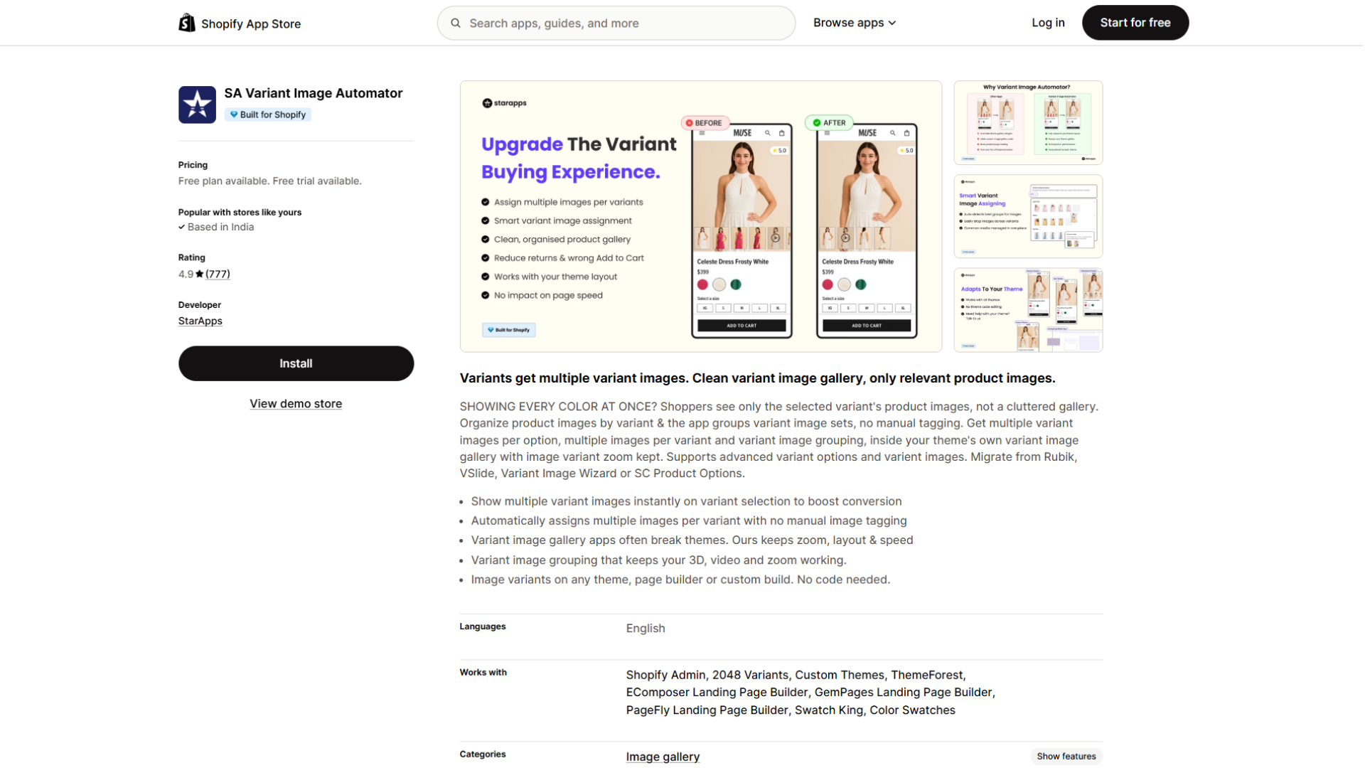 Shopify App Store listing page for SA Variant Image Automator by StarApps, featuring app details including rating (4.9 out of 5 from 777 reviews), pricing with a free plan and trial available, an 'Install' button, software screenshots displaying the Upgrade The Variant Buying Experience feature and before-and-after mobile gallery views, and descriptive text explaining how the app assigns multiple images per variant to show relevant product galleries and reduce returns