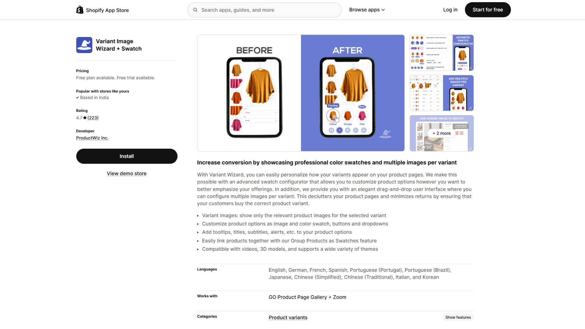 Shopify App Store listing page for Variant Image Wizard + Swatch by ProductWiz Inc., featuring app details including a 4.7-star rating from 223 reviews, free plan and trial availability, an 'Install' button, software preview graphics with 'BEFORE' and 'AFTER' mobile mockups, and descriptive text explaining how the app increases conversion rates by showcasing professional color swatches and multiple variant images to declutter product pages and minimize returns