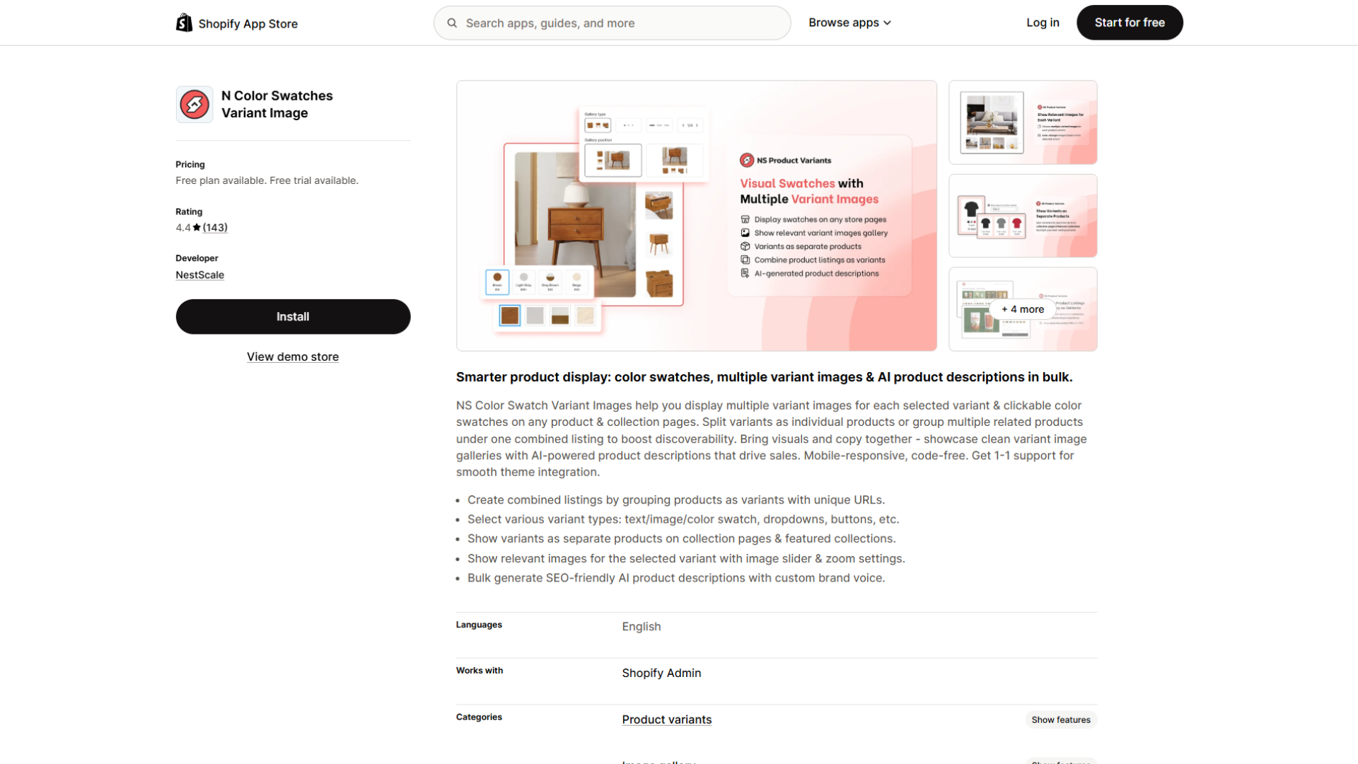 Shopify App Store listing page for N Color Swatches Variant Image by NestScale, featuring app details including a 4.4-star rating from 143 reviews, a free plan and trial, an 'Install' button, software preview banners highlighting visual swatches with multiple variant images, and descriptive text explaining how the app helps merchants display multiple variant images and clickable color swatches on product and collection pages while offering AI-generated product descriptions in bulk