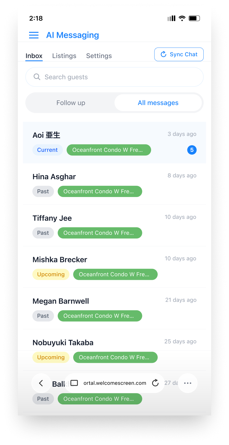 WelcomeStay AI guest messaging inbox on a phone