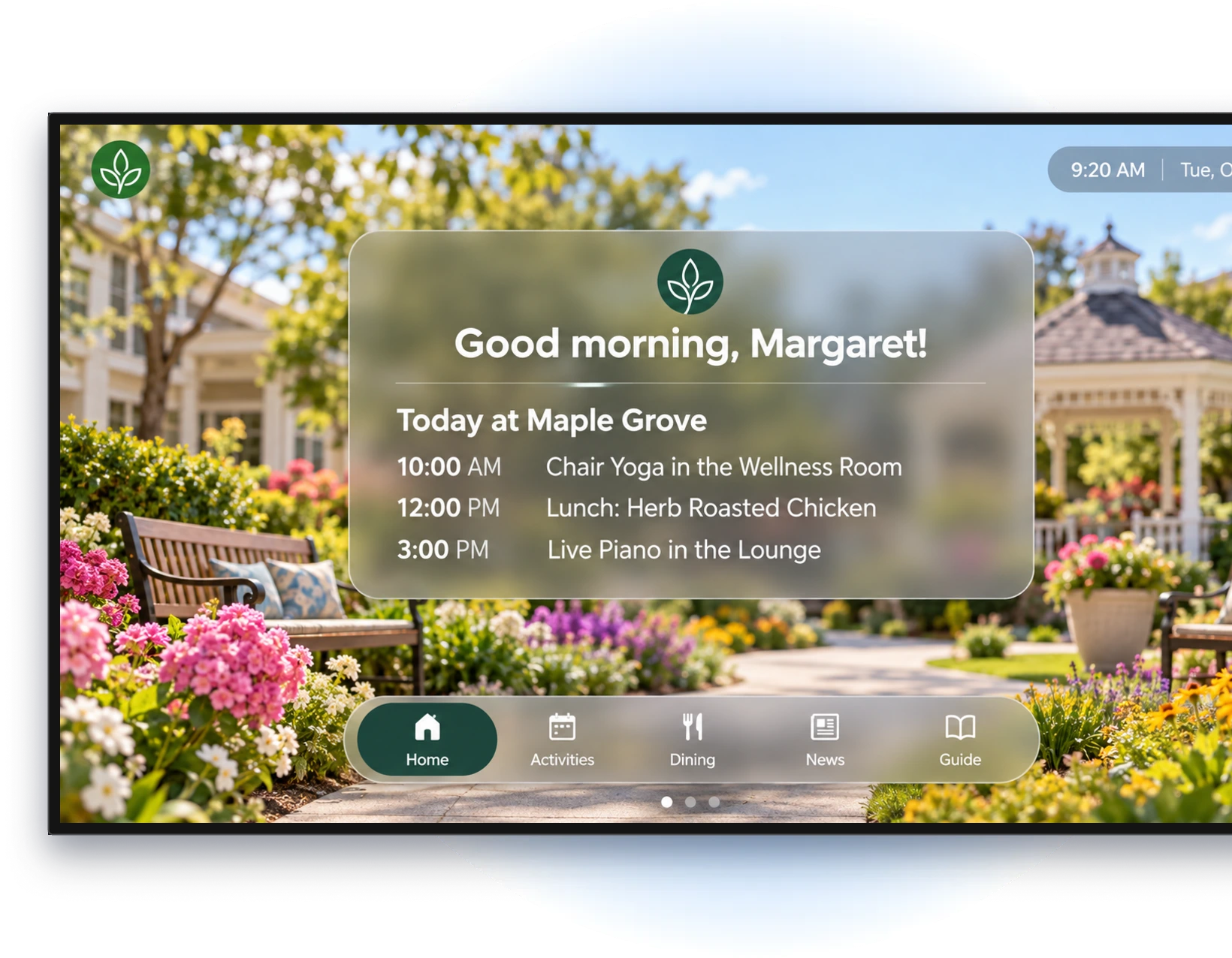 Senior living TV welcome screen greeting a resident by name with today's activities