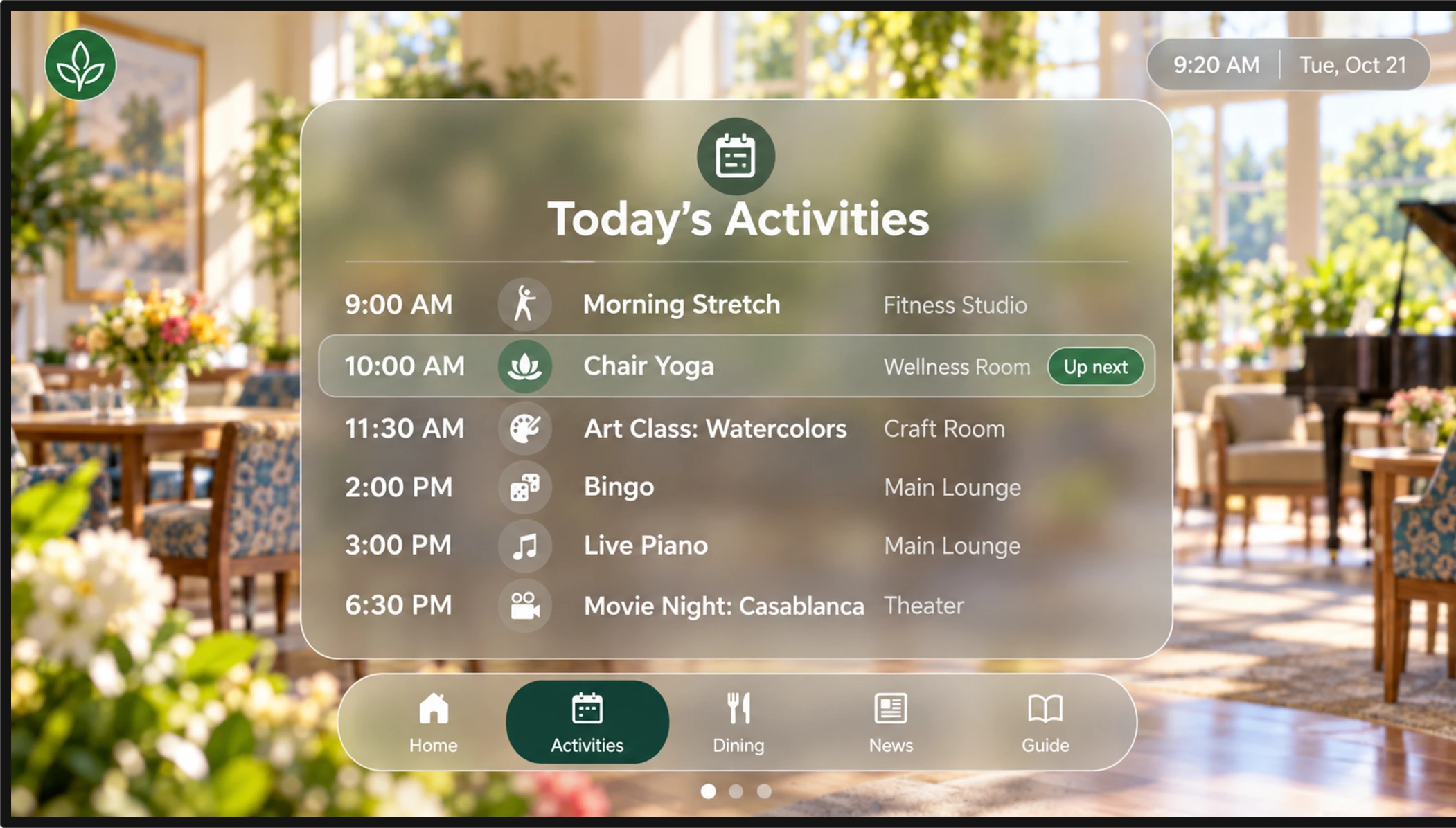 Senior living TV showing today's activity calendar