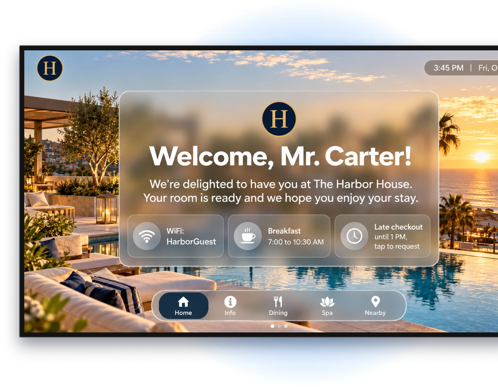 Hotel in-room TV welcome screen greeting a guest by name with WiFi and breakfast info
