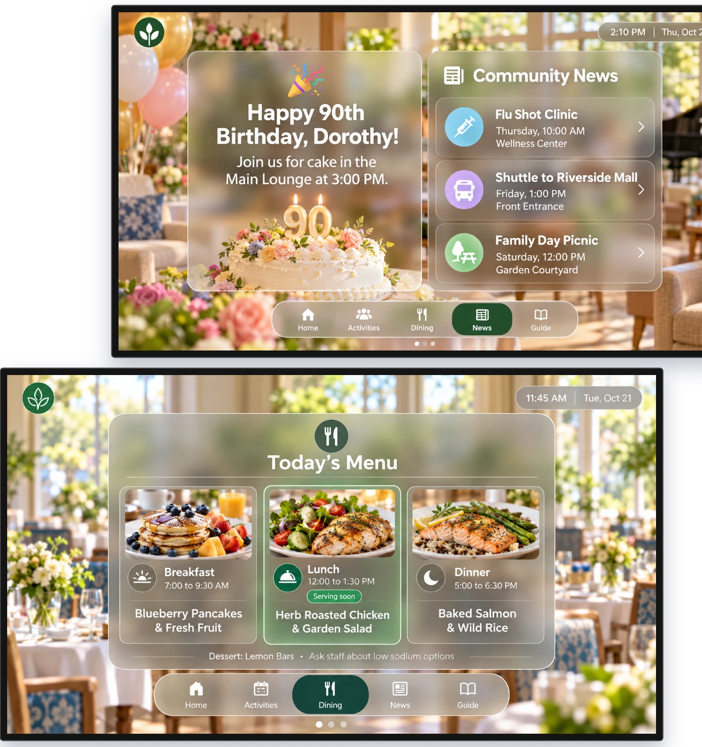Senior living TV screens showing community news and the daily menu