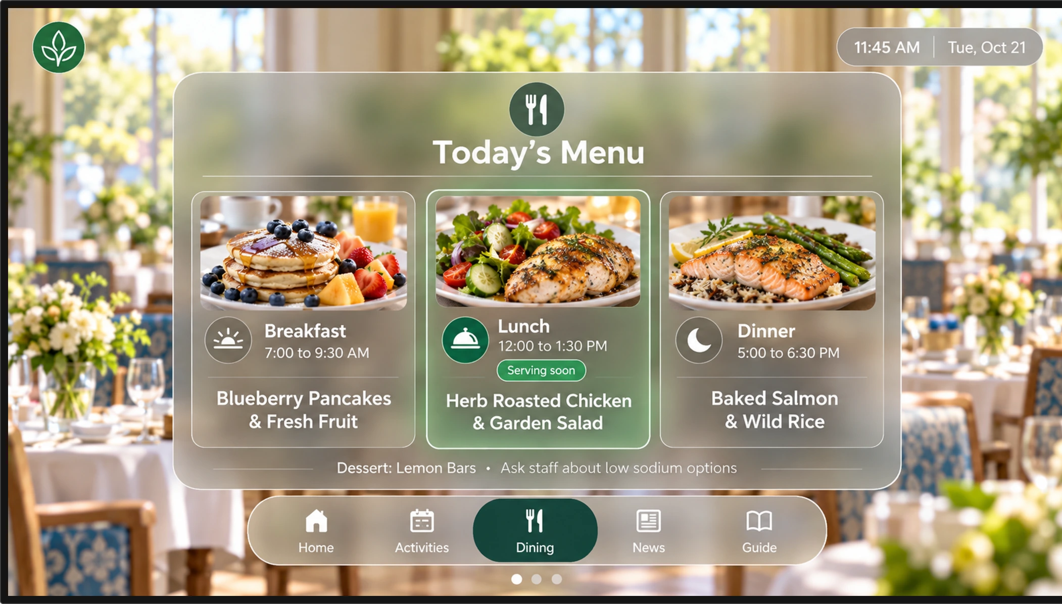 Senior living TV showing today's dining menu