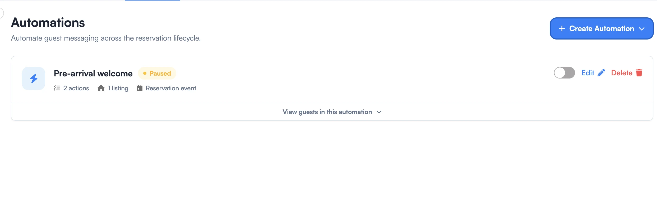 WelcomeStay AI automations dashboard showing a pre-arrival welcome automation