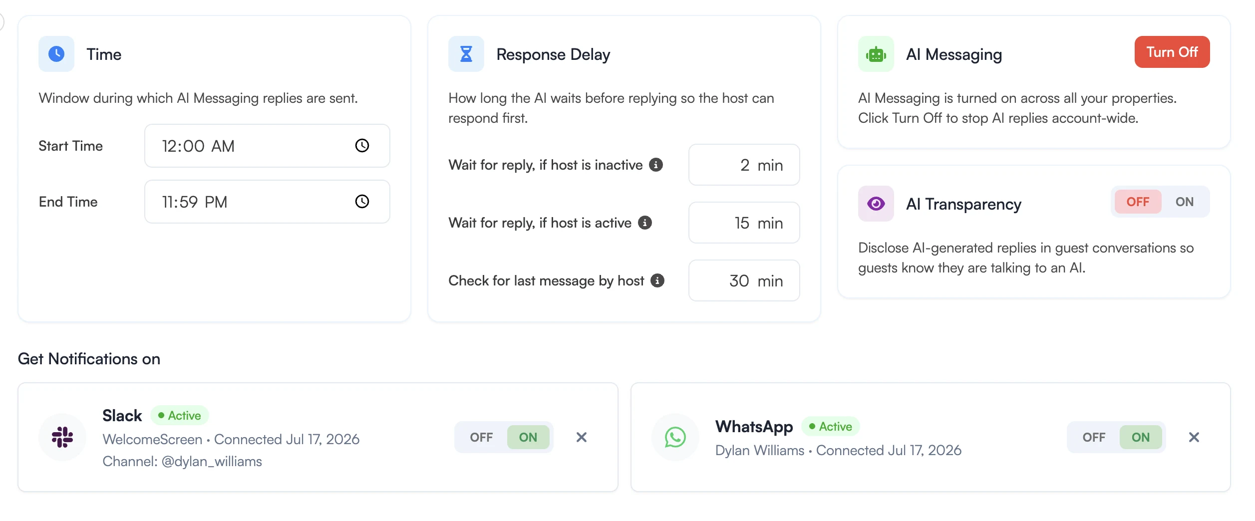 WelcomeStay AI settings for reply hours, response delay, AI transparency and Slack and WhatsApp notifications