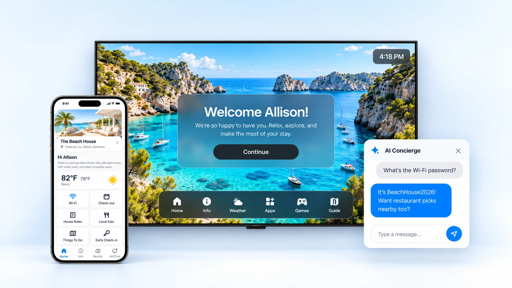 WelcomeScreen TV welcome screen greeting a guest by name, with the mobile guidebook and AI messaging