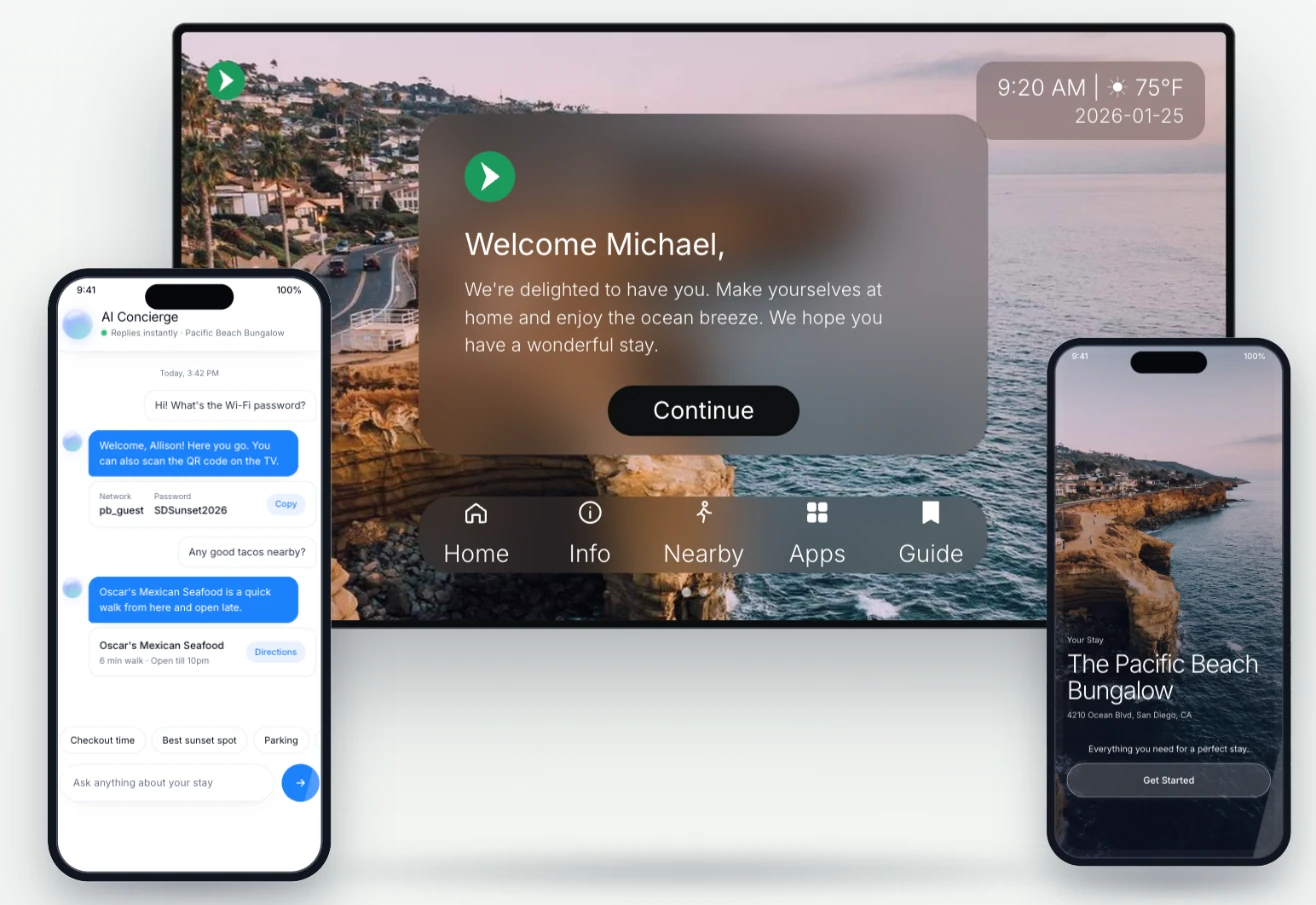 WelcomeScreen welcome screen on a smart TV, AI Concierge chat and mobile guidebook