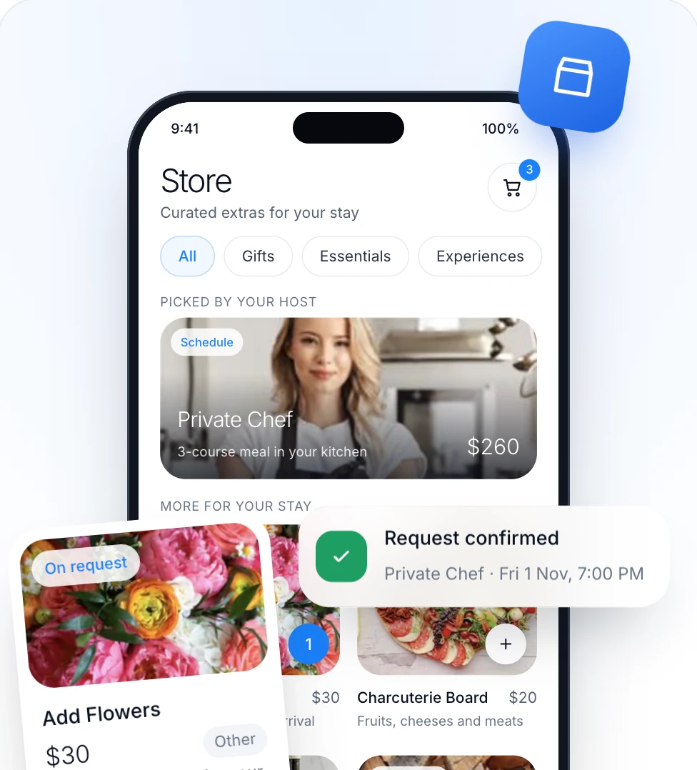 WelcomeScreen guest store in the digital guidebook with private chef, flowers and charcuterie add-ons