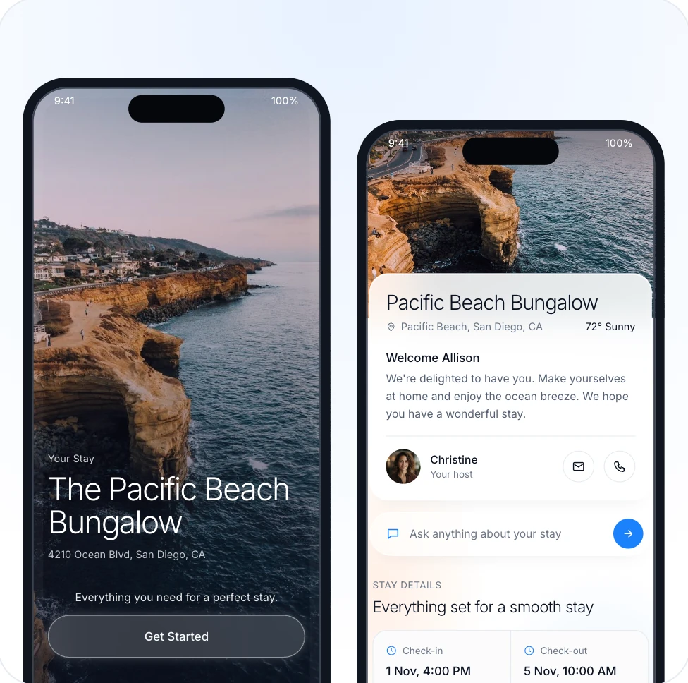 WelcomeScreen mobile guidebook for The Pacific Beach Bungalow with host contact and stay details