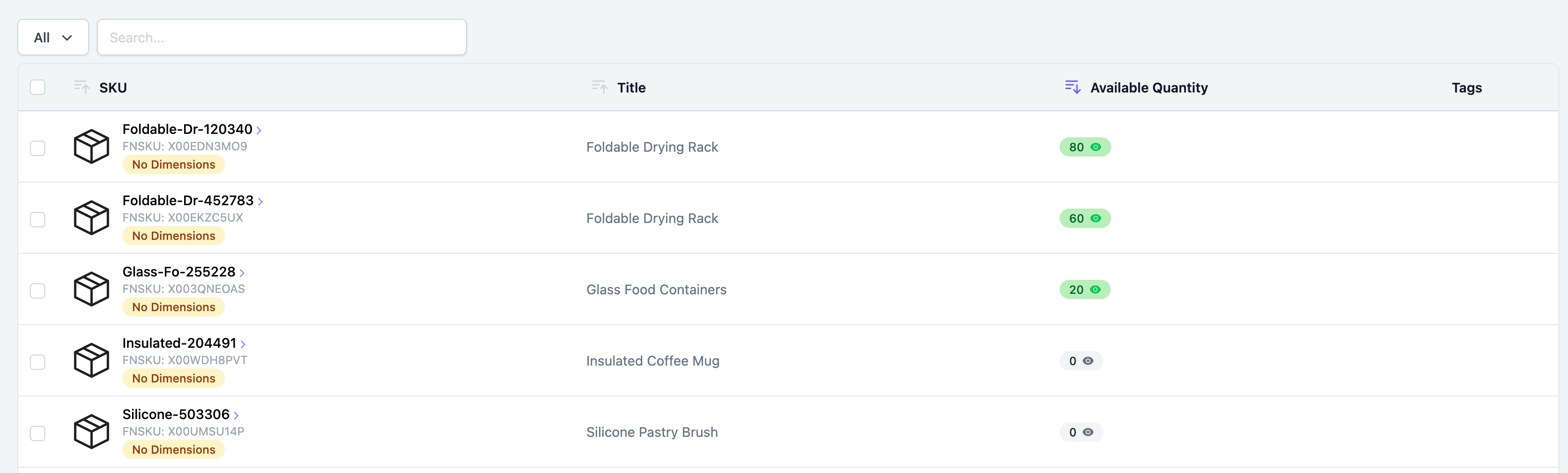 A screenshot of a list of inventory items and their stock levels