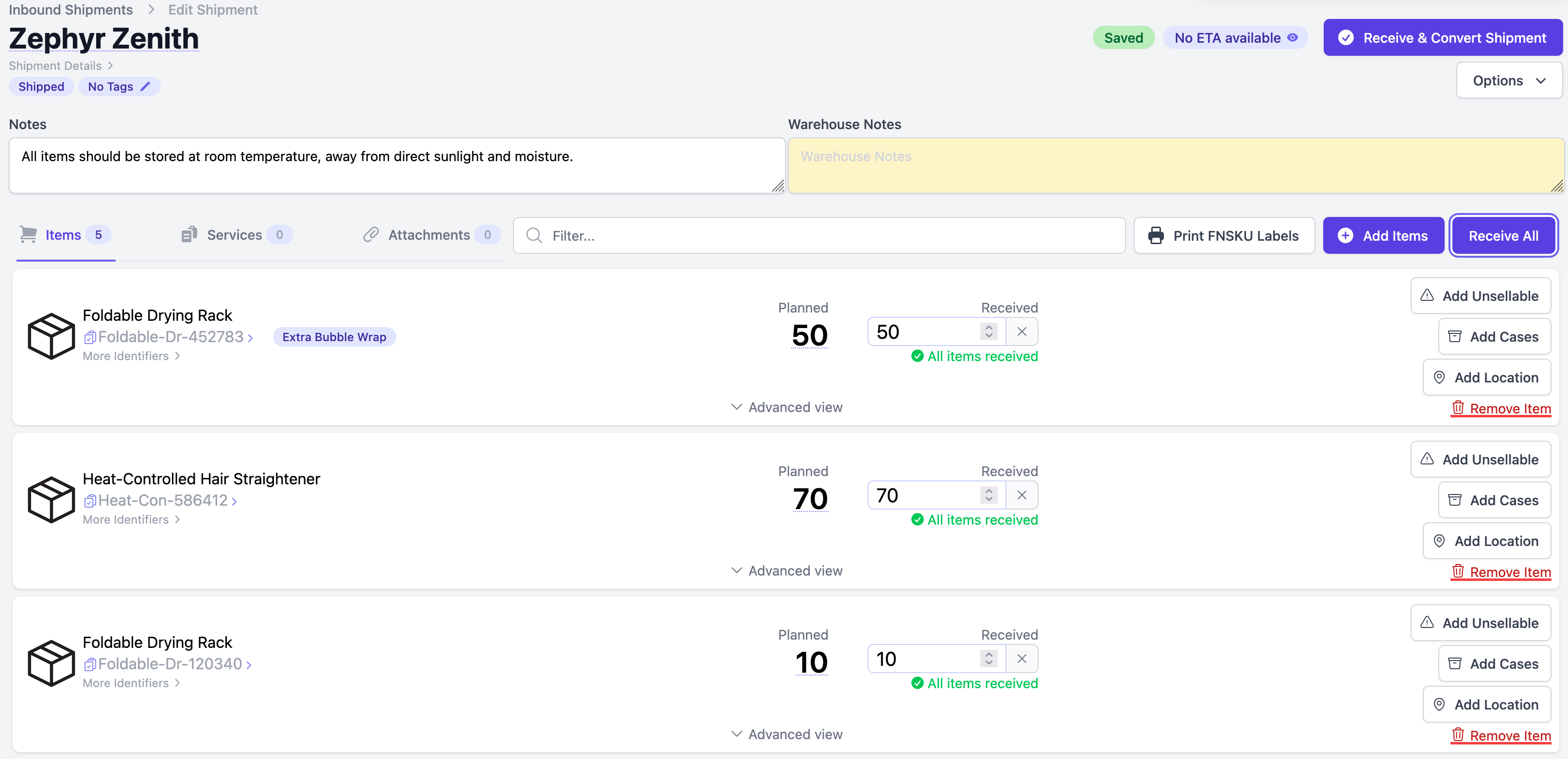 An inbound shipment with a list of received items