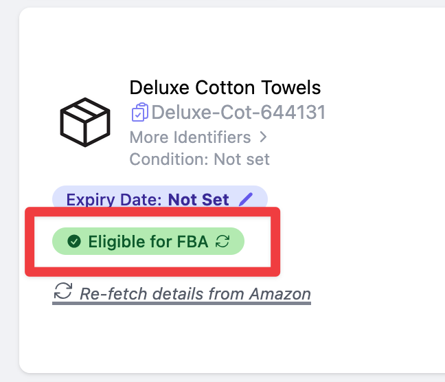 FBA Eligibility Check showing green Eligible for FBA badge