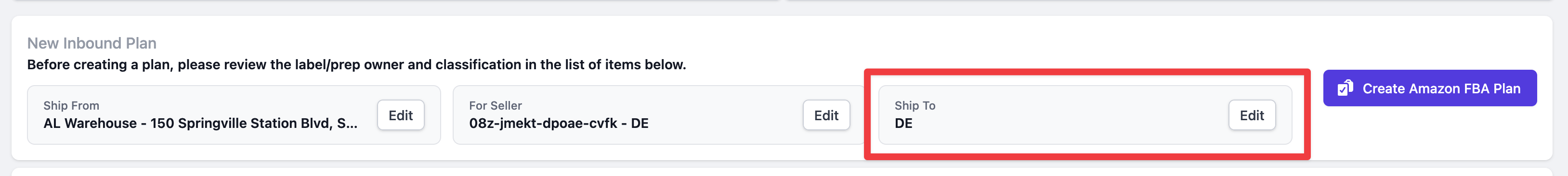 EU Marketplace Selection showing Ship To card with Edit button