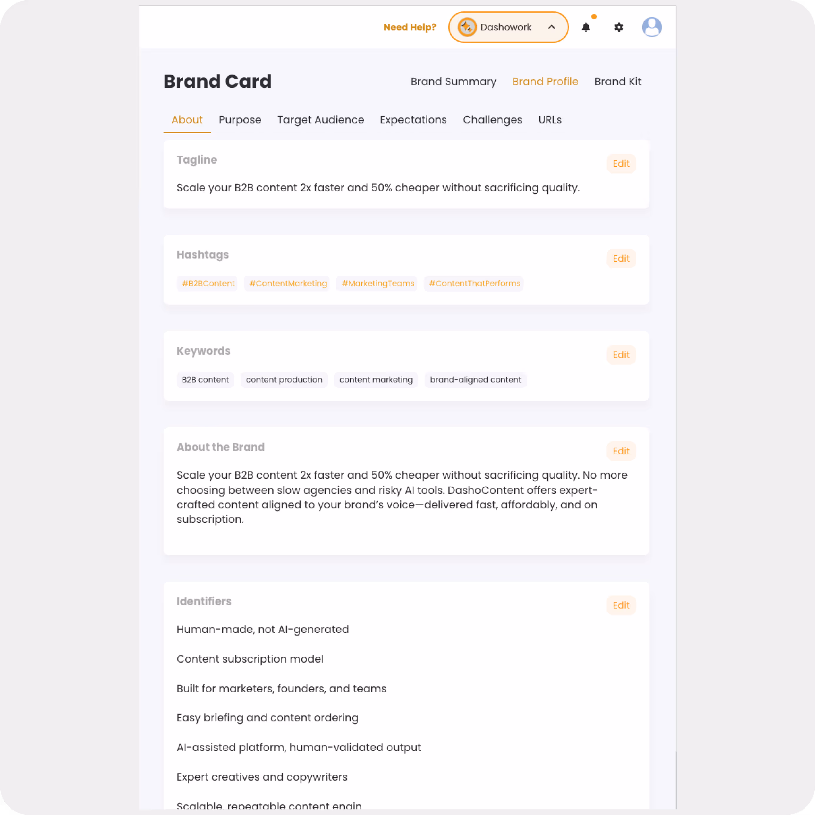 DashoContent Brand Card customization screen with tagline and keyword options