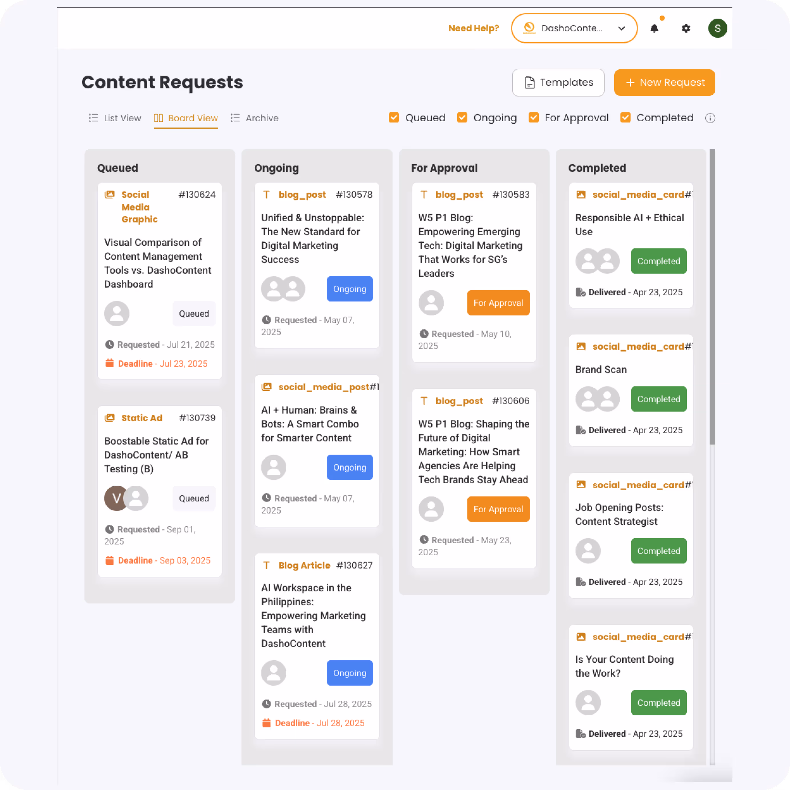 New content request form for submitting creative briefs to marketers within DashoContent