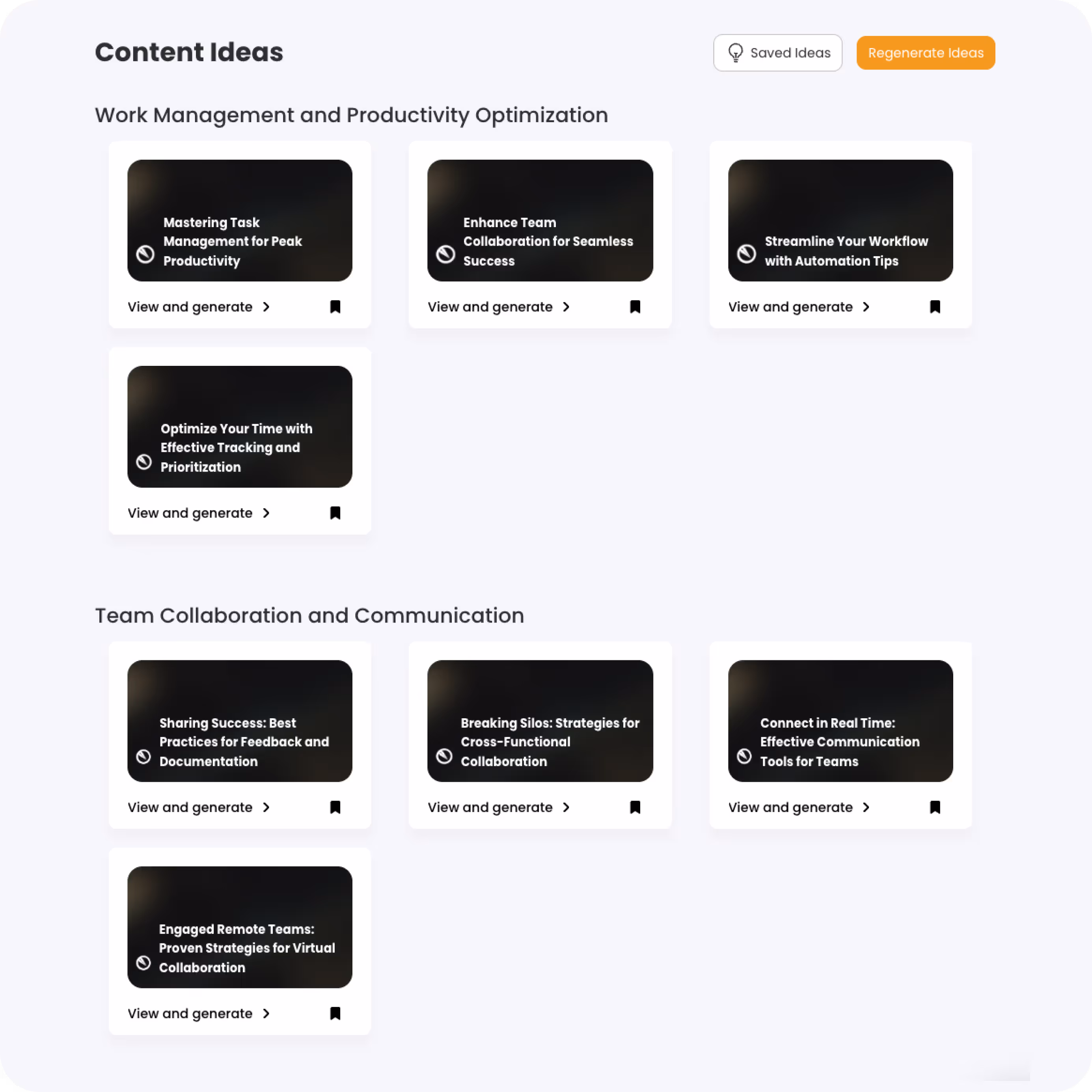 DashoContent content idea generator tool displaying topic suggestions for social media posts