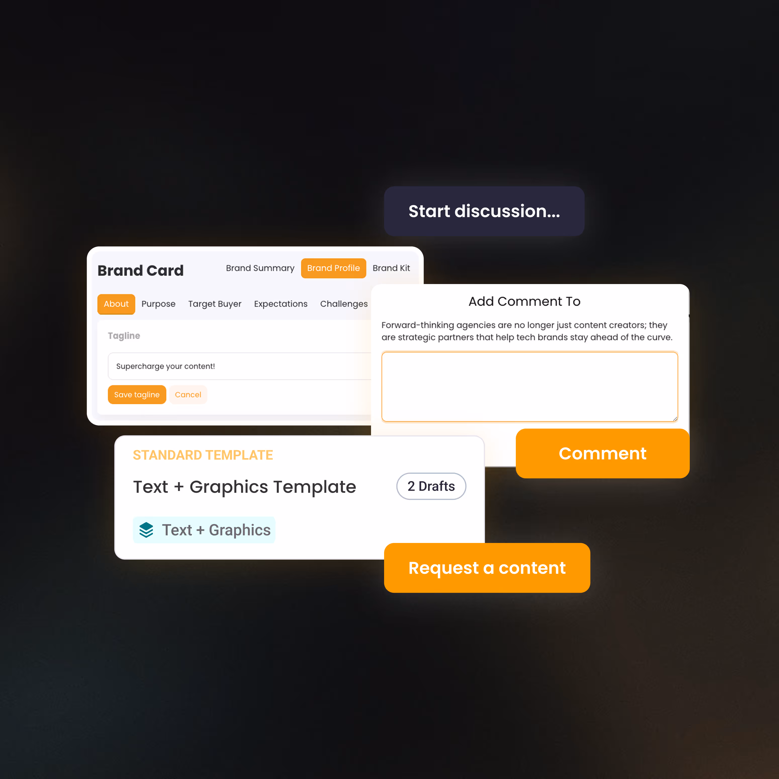 DashoContent all-in-one platform overview displaying brand card, commenting, and content request features