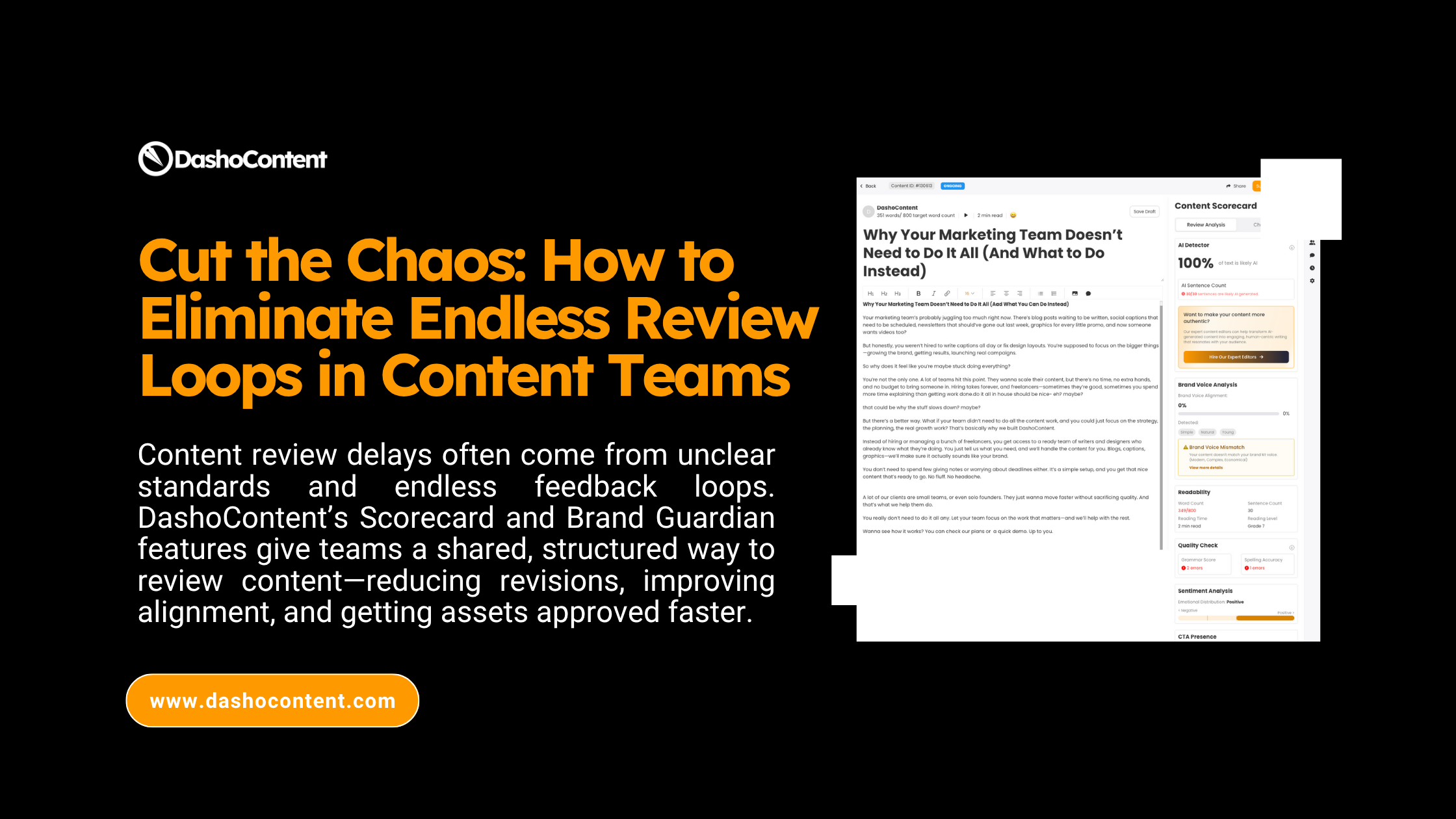 Content review delays often come from unclear standards and endless feedback loops. DashoContent’s Scorecard and Brand Guardian features give teams a shared, structured way to review content—reducing revisions, improving alignment, and getting assets approved faster.
