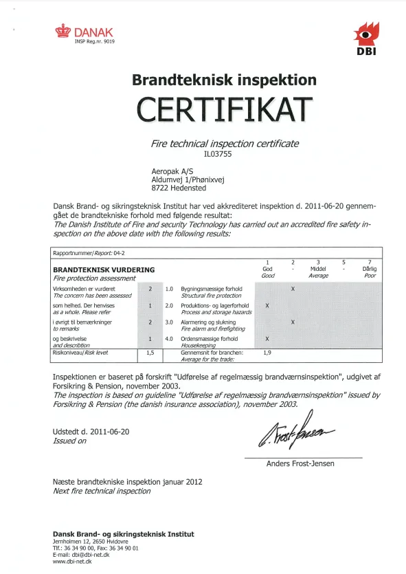 Brandteknisk inspektion certifikat