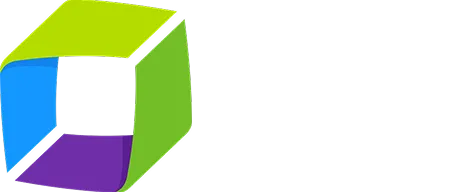 Three-dimensional cube with four visible colored faces in blue, purple, light green, and dark green.