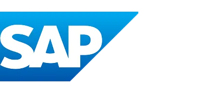 SAP logo with white letters on a blue trapezoid background.
