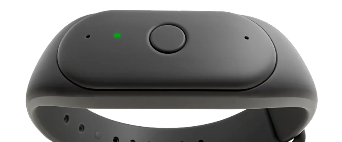 Device with a green LED light indicating it is actively capturing voices