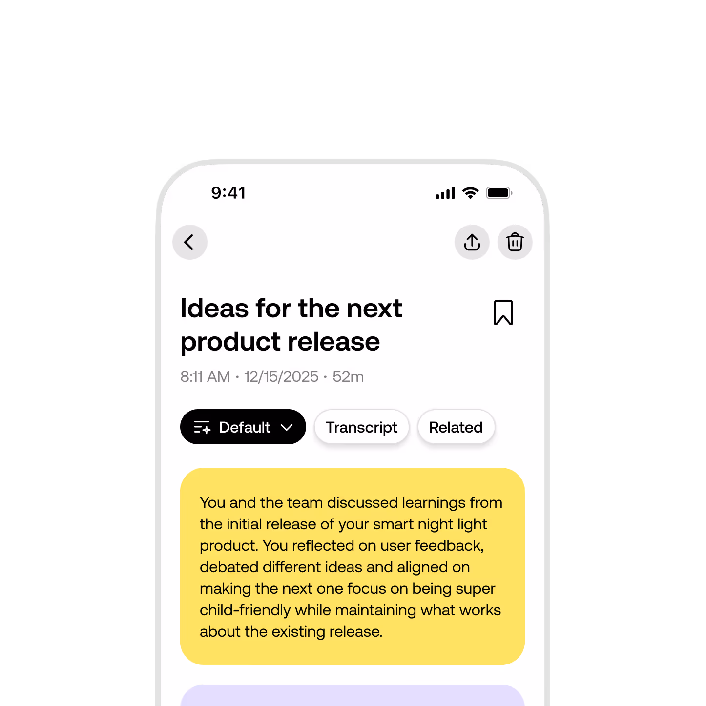 Mobile screen showing a note titled 'Discussing ideas for the next product release' dated 6/15/2025, with a summary tab highlighted and a yellow note describing a team discussion on improving a smart night light product to be more child-friendly.