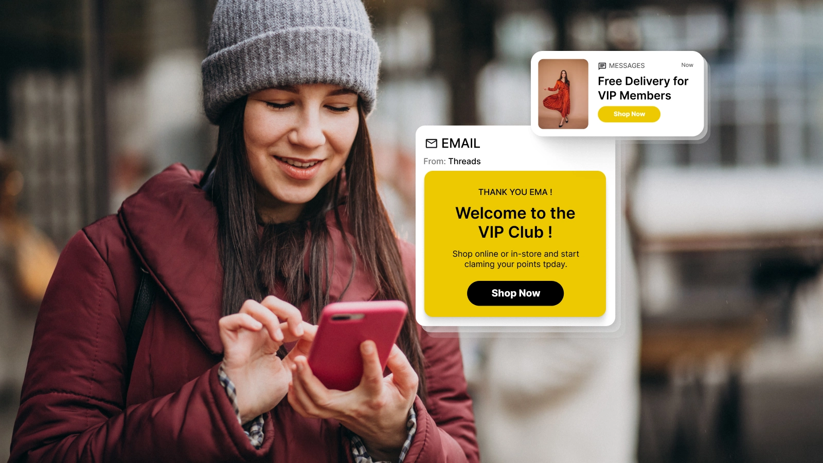 Smiling woman in a gray beanie and maroon coat using a pink smartphone, with digital notifications about VIP club welcome and free delivery for VIP members.