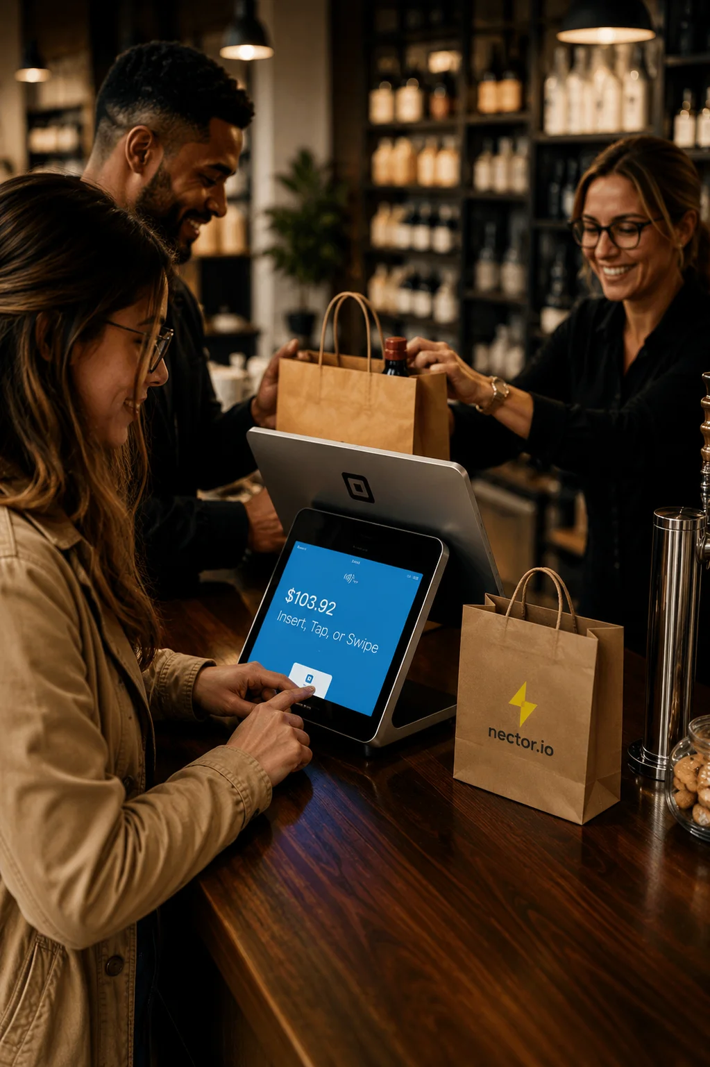 Woman completing payment on a touchscreen card reader at a store counter with paper bags and smiling customers.