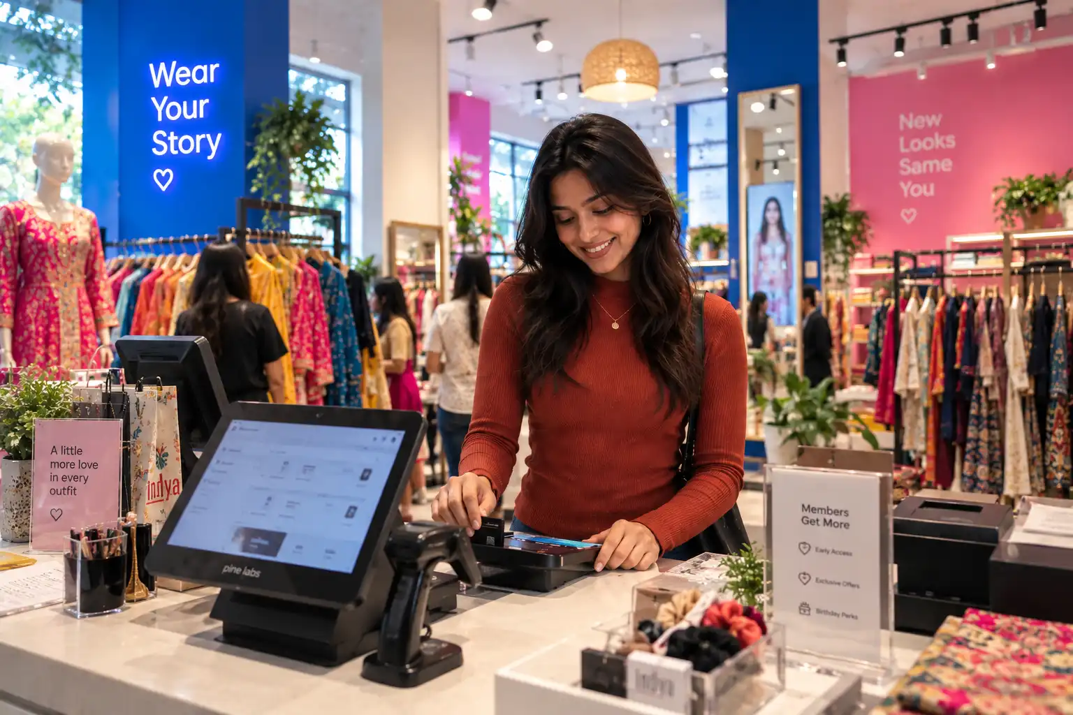 Store counter with a shopper being rung up