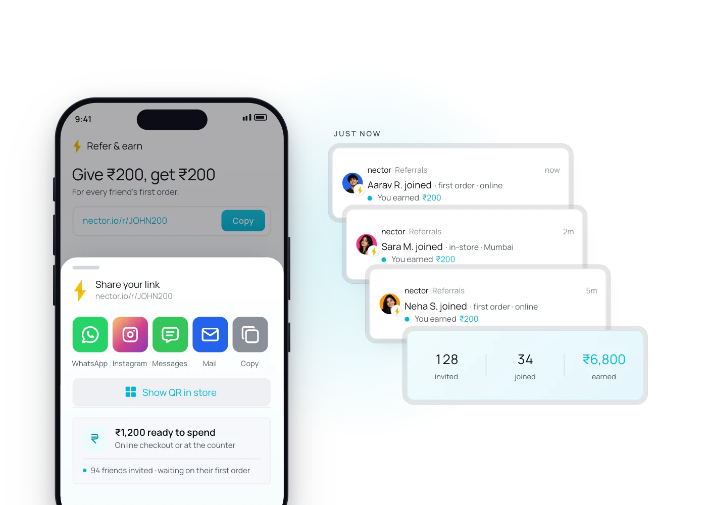 A referral link giving 200 rupees and getting 200 rupees, with friends joining online and in-store