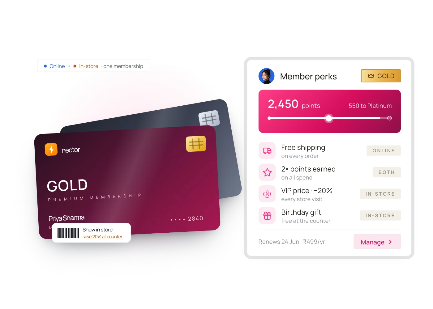 A Gold membership card with perks that apply online, in-store, or both