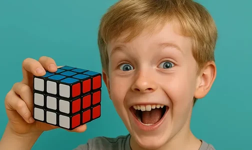 A child holding a Cubelelo speed cube