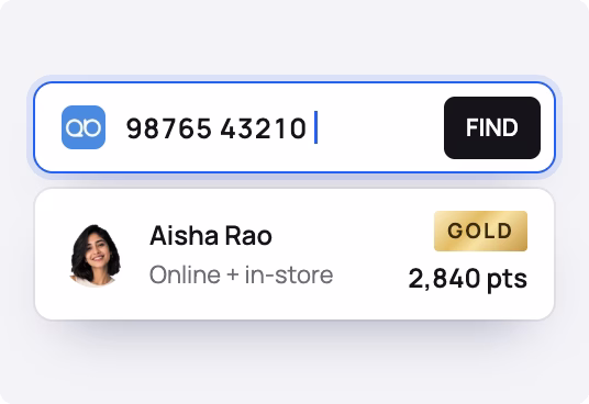 Customer lookup by phone number finding a Gold member with 2,840 points across online and in-store.