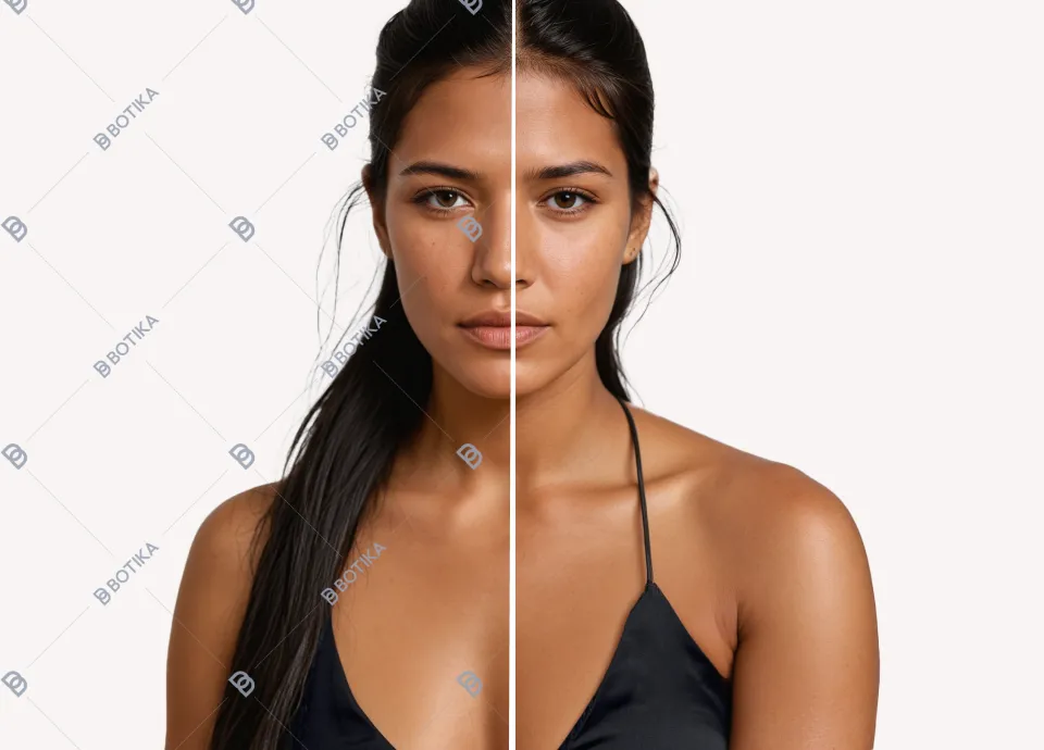 Image of a model split into two halves: one side features an AI-generated representation of the model, while the other side shows a real person wearing the same outfit for comparison.