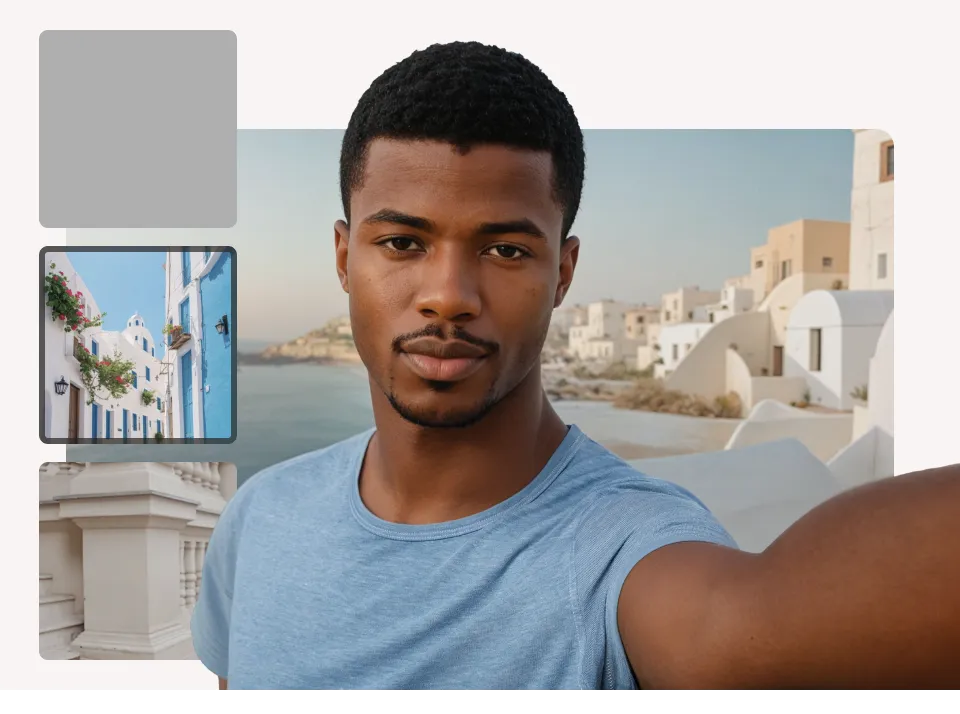 Image showcasing the background selection process within the Botika app, featuring the original photo alongside a film strip of smaller images of alternative backgrounds available for selection.
