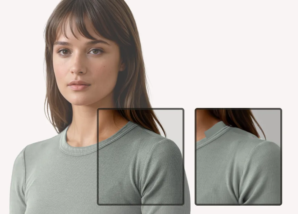 Image of a model wearing a green sweater, showcasing the final polished design. A smaller overlay image displays a previous AI generated version with visible clothing errors for comparison.