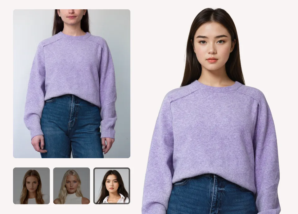 Image showcasing the model selection process within the Botika app, featuring the original photo alongside a film strip of smaller images of alternative models available for selection.