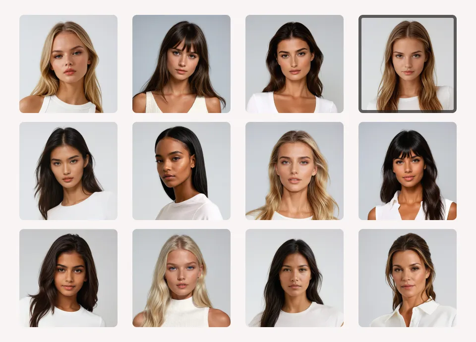 Image of a grid displaying 12 AI-generated fashion models, arranged in four columns and three rows, showcasing various styles to choose from.