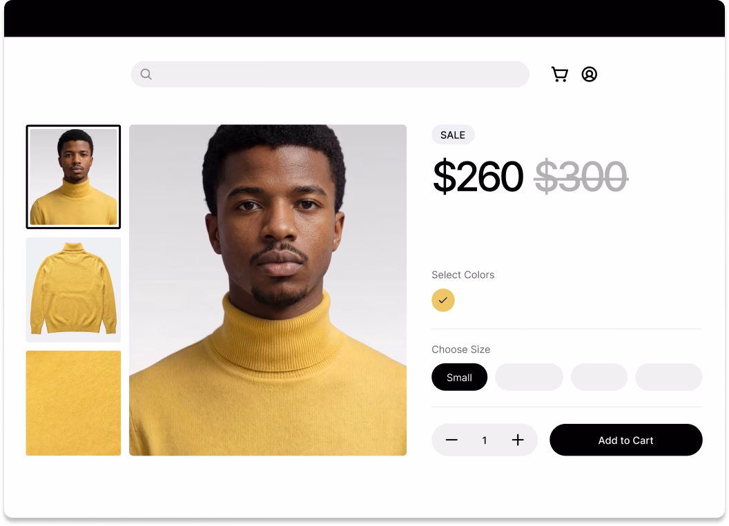 Product page for a men's yellow turtleneck showcasing flat lay images and an AI fashion model wearing it.