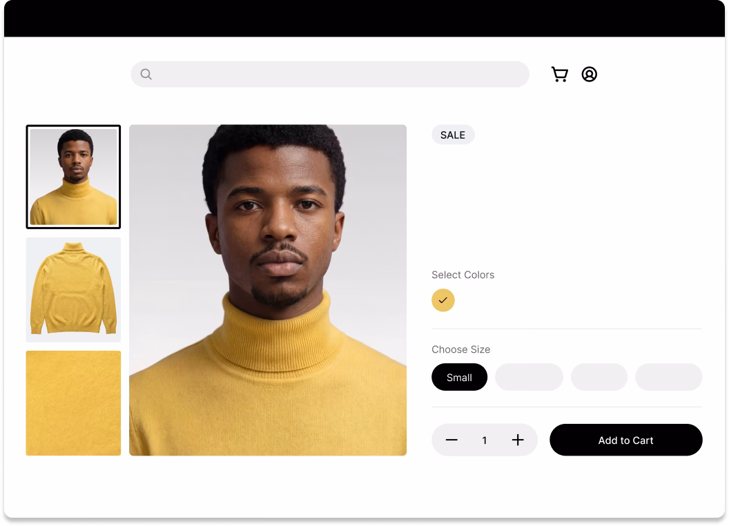 Product page for a men's yellow turtleneck showcasing flat lay images and an AI fashion model wearing it.