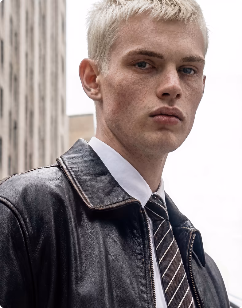 AI-generated male model with platinum blond hair and blue eyes wearing a black leather zip-up jacket over a white shirt and dark striped tie, set against an urban building background