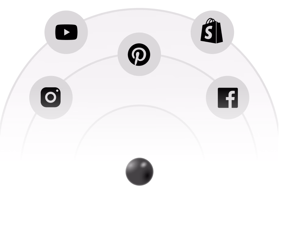 Icons of YouTube, Instagram, Pinterest, Shopify, and Facebook arranged in a semi-circle.