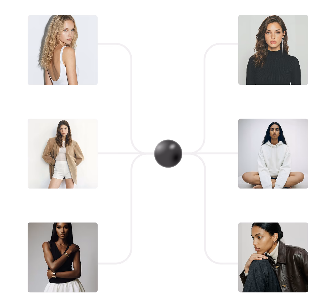 Collage of six diverse fashion models in various poses and contemporary outfits on white backgrounds.