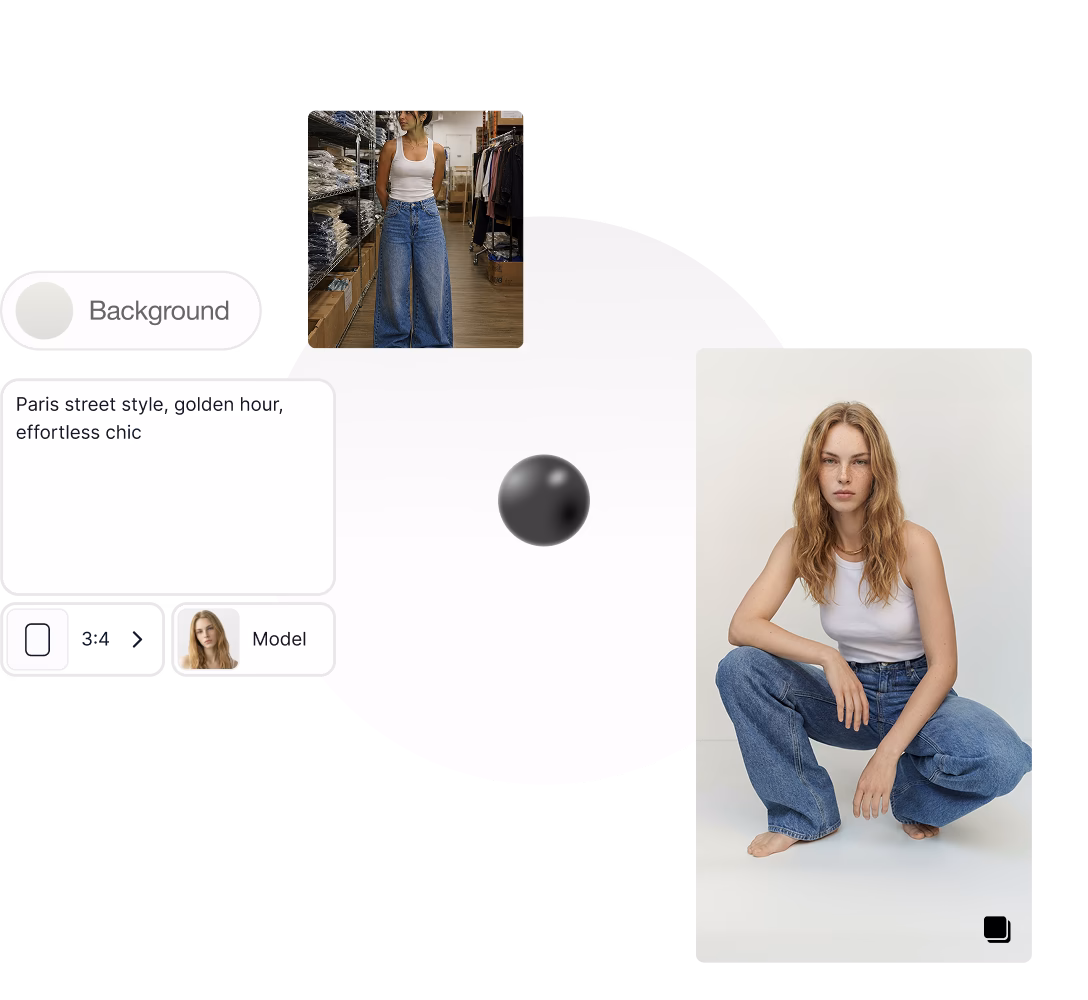 Blonde woman in white tank top and loose jeans squatting barefoot against a plain white background.