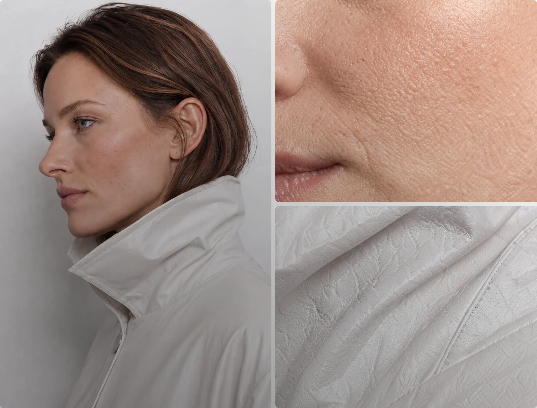 Close-up details of a white jacket on an AI generated model