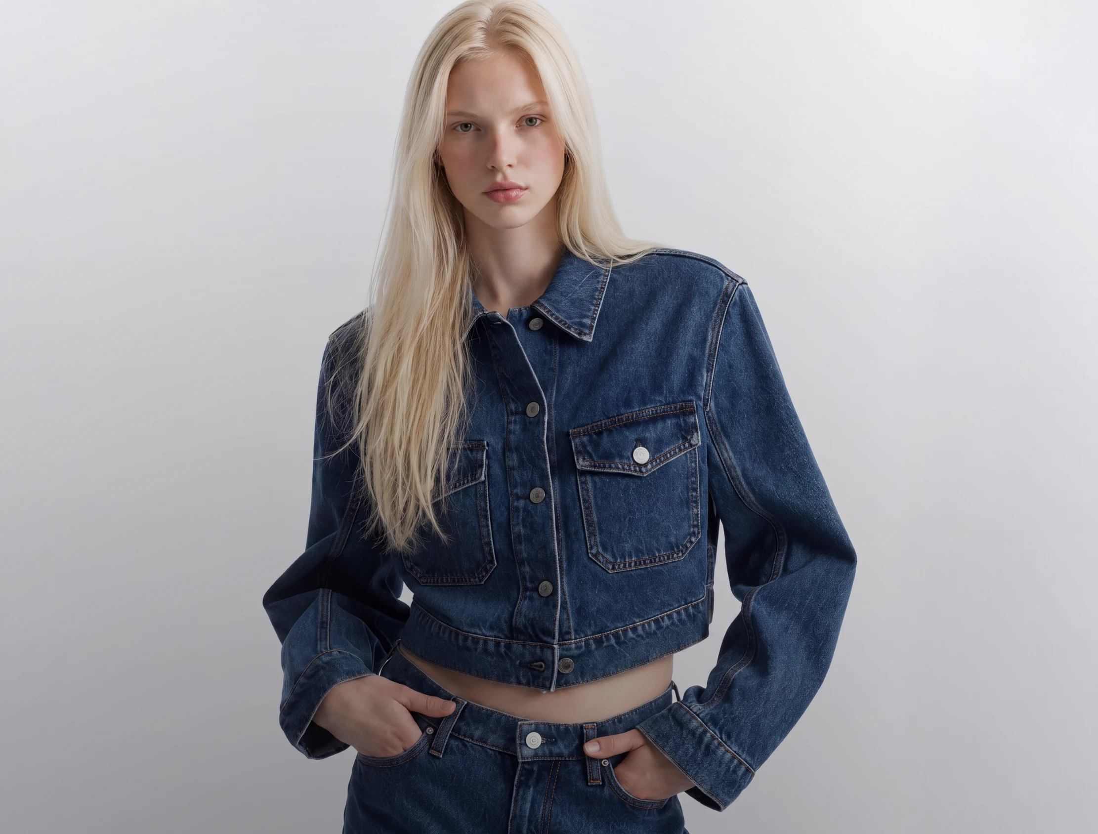 AI generated model in a denim jacket, editorial studio shot